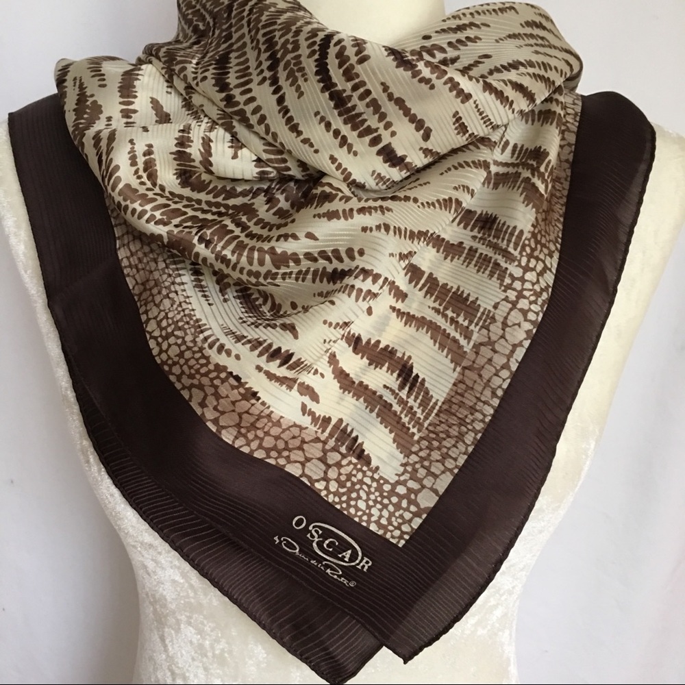 Oscar de la Renta Cocoa Brown Bordered Silk Scarf